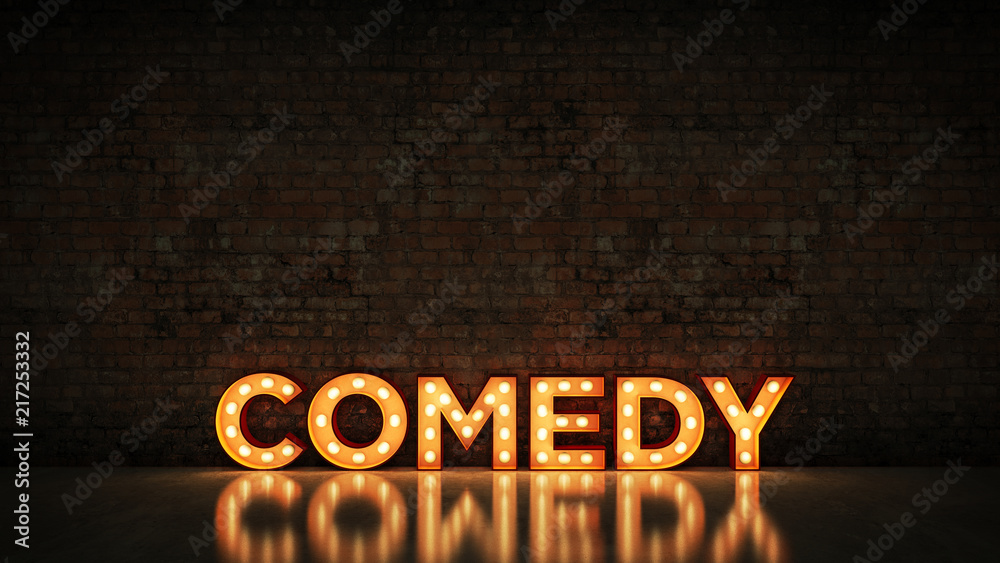 Neon Sign on Brick Wall background - comedy. 3d rendering