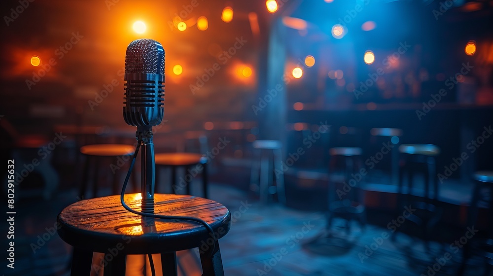 Stage setup for stand-up comedy with a microphone and stool, featuring reflectors' rays, high-contrast image.